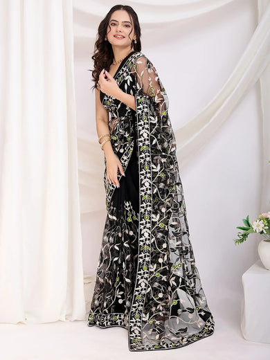 Marvelous Black Thread Embroidered Net Party Wear Saree With Blouse